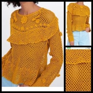 NWT Zara Mustard Crochet Knit Sweater Ruffle